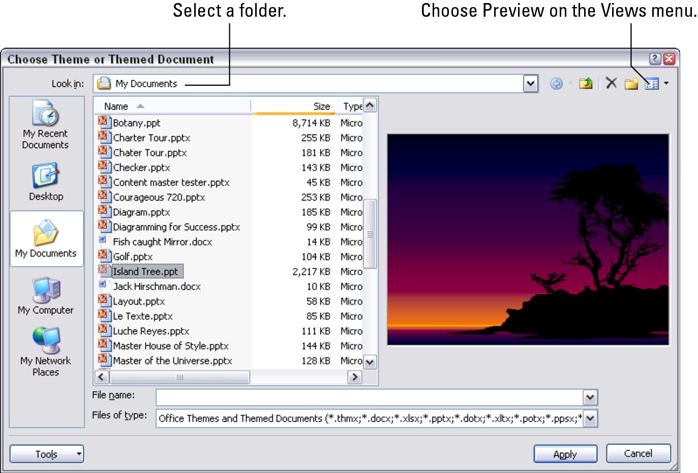 Figure 3-6: Select a template or PowerPoint presentation in this dialog box.